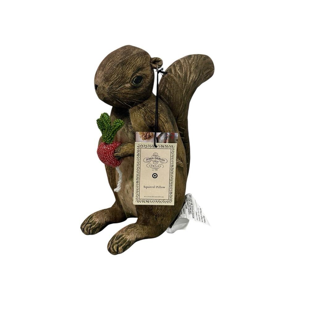 John Derian - Target 2025 Plush Woodland Squirrel holding Radish Pillow 8x12in